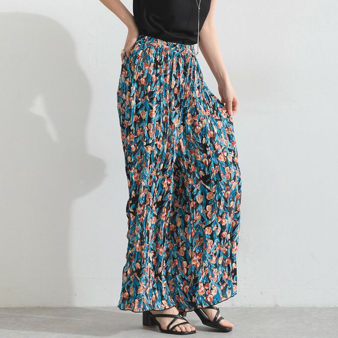 日本 le colis - 華麗藝文花卉飄逸感皺褶寬褲-藍紫系