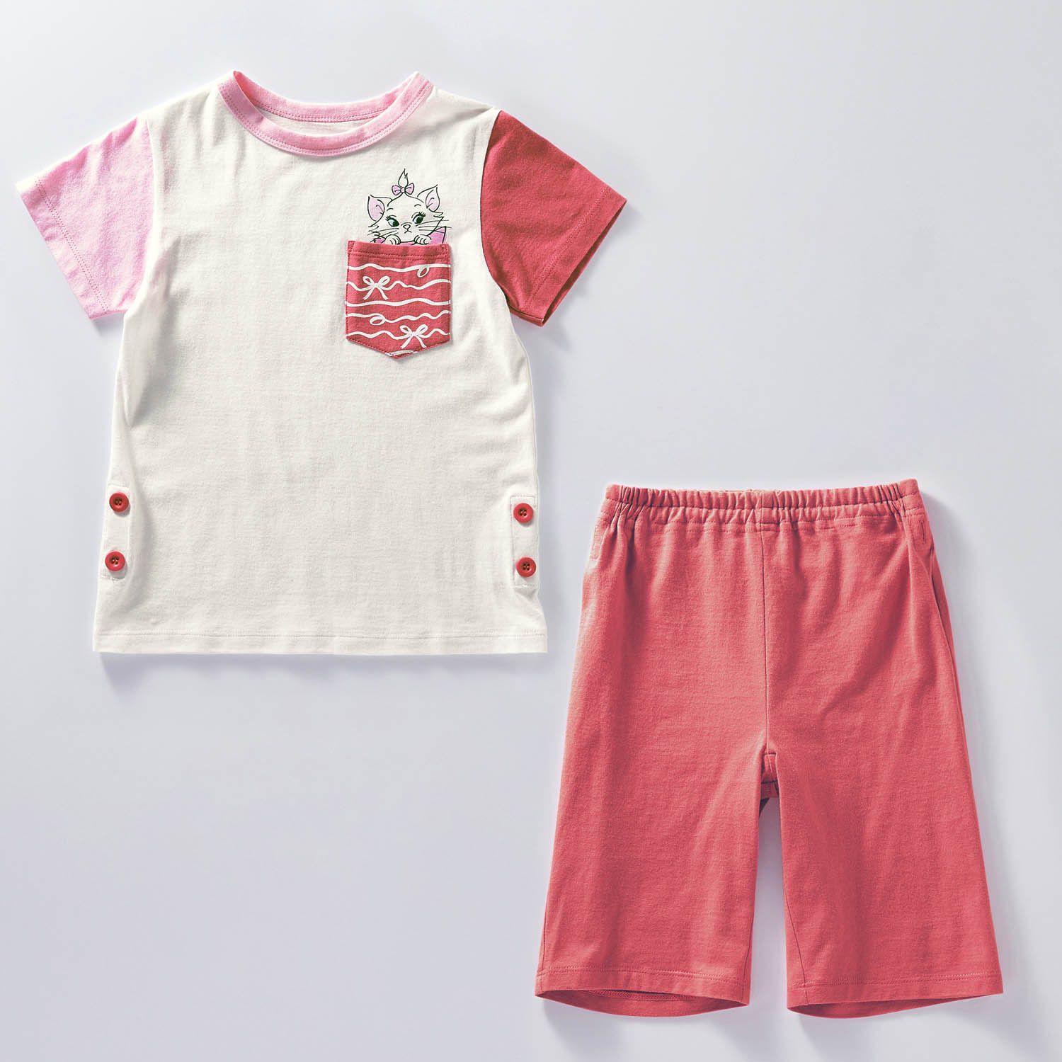 日本千趣會 - 迪士尼 純棉涼爽短袖家居服/睡衣-瑪莉貓-粉x紅