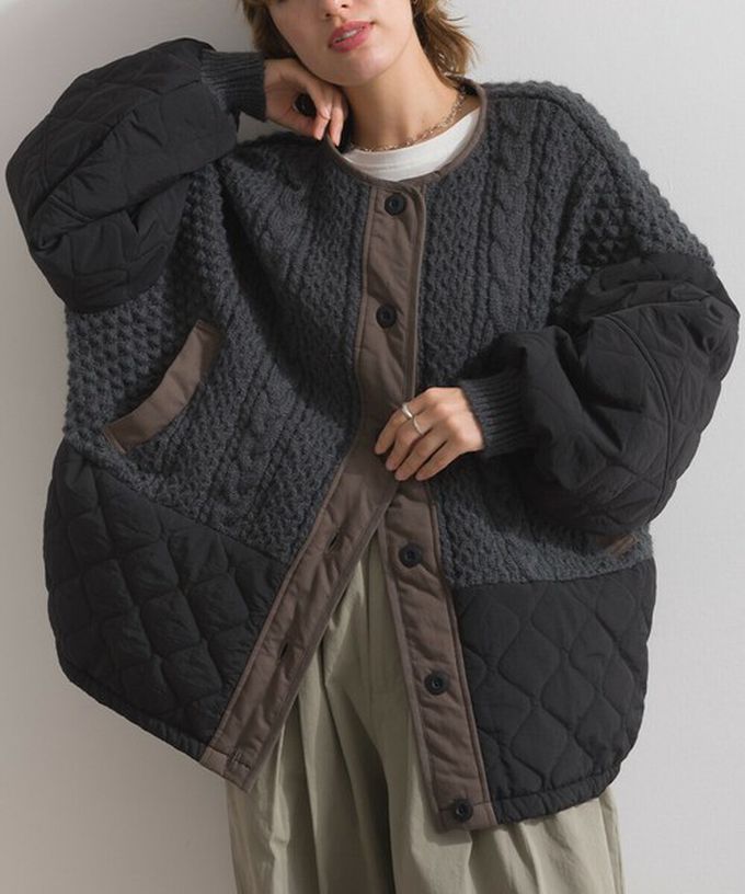 日本 Lupilien - 立體麻花絎縫拼接無領保暖外套-象牙