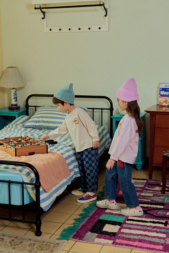 韓國 First Blue - 鴨舌帽笑臉印長袖上衣-灰綠