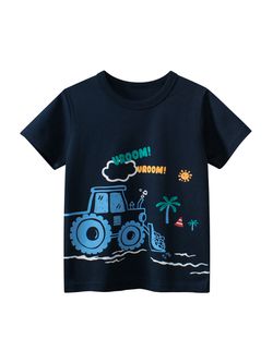 27KIDS - 純棉短袖上衣-沙灘工程車-深藍色