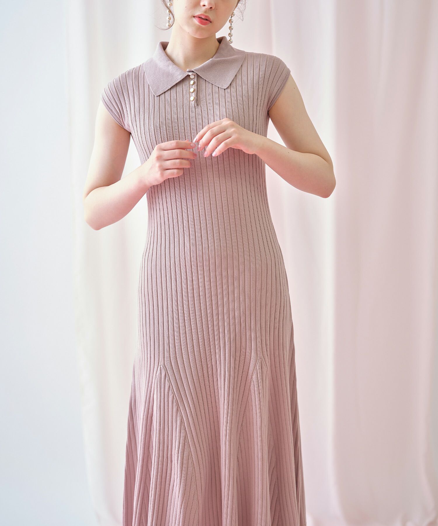 日本 tocco-closet - 直羅紋翻領修身洋裝-海軍藍