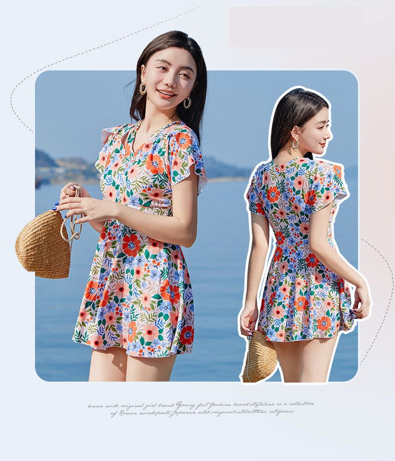 甜美碎花修身顯瘦遮肉連身裙泳衣-滿版花花-深藍+橘