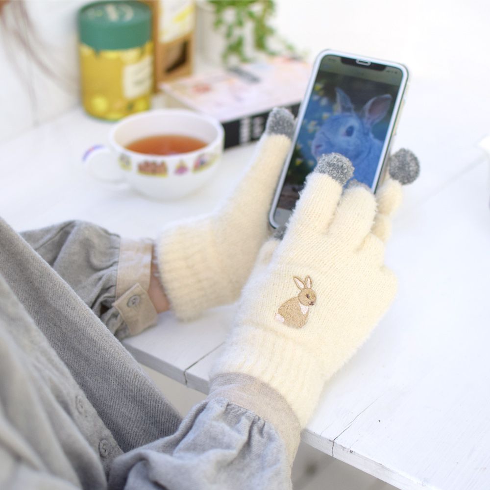 日本 TOMO - (大人)可觸控可愛動物毛絨保暖手套-小灰兔-米