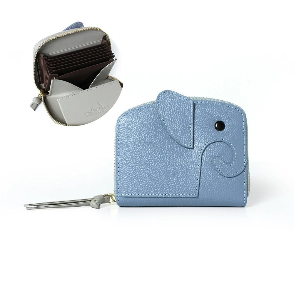 童趣大象輕巧真皮風琴式短夾-(防盜功能)-藍x淺灰