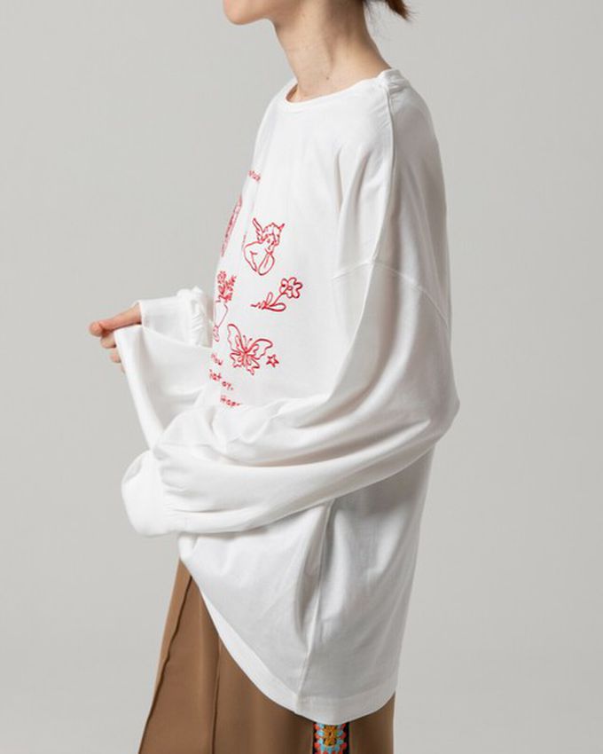 日本 gleam - 甜蜜刺繡印花休閒寬版長袖T恤-黑