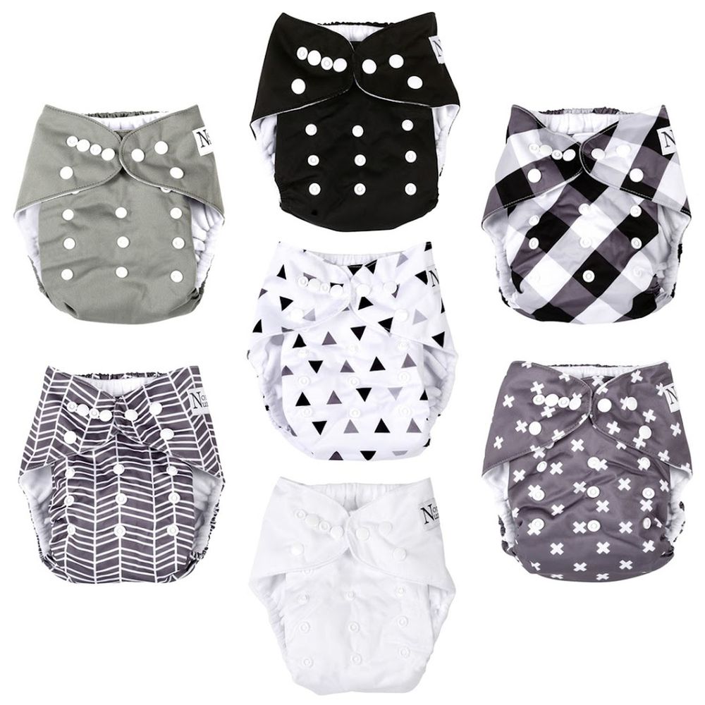 Nora's Nursery - 成長型口袋式布尿布-7件組 送收納袋 附尿墊-黑白幾何 (4.5~16公斤)