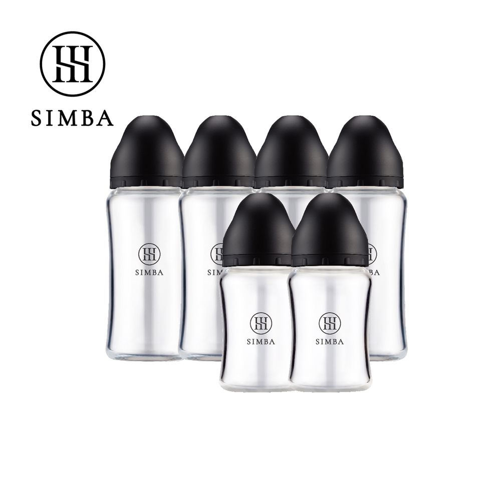 蘊蜜質金玻璃寬口防脹氣奶瓶4大2小全配組-新生適用-蒔黑