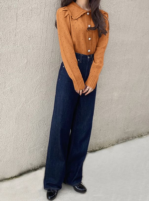 日本 GRL - 浪漫花朵領珍珠釦針織上衣-知性黑