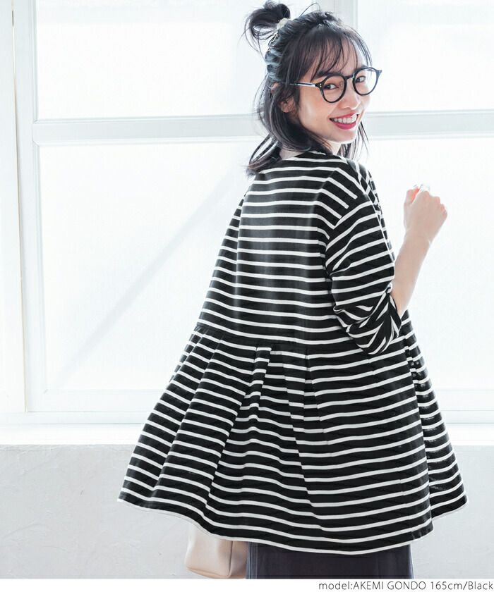 日本 COCA - 橫條紋縮腰傘狀長袖上衣-黑底白條