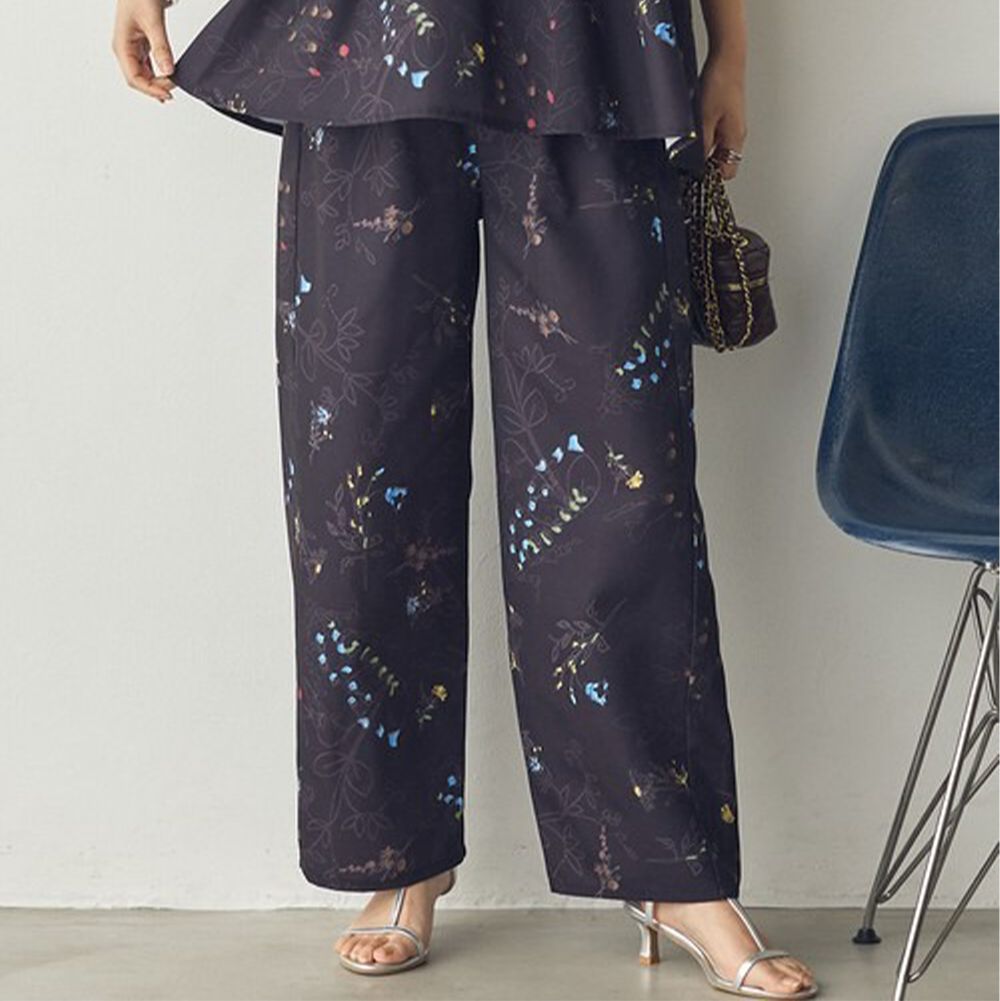 優美花卉鬆緊舒適寬褲-黑