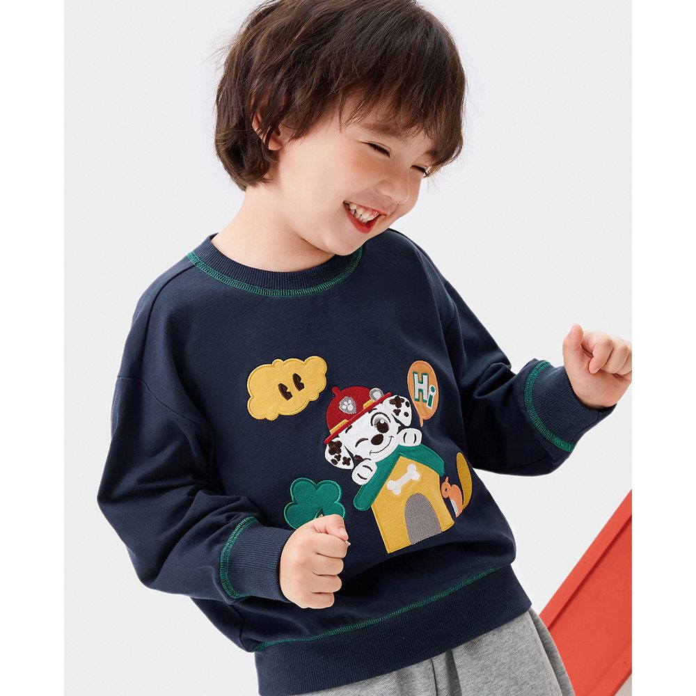 卡通汪汪隊貼布繡長袖上衣/大學T-卡通人物毛毛-藏青