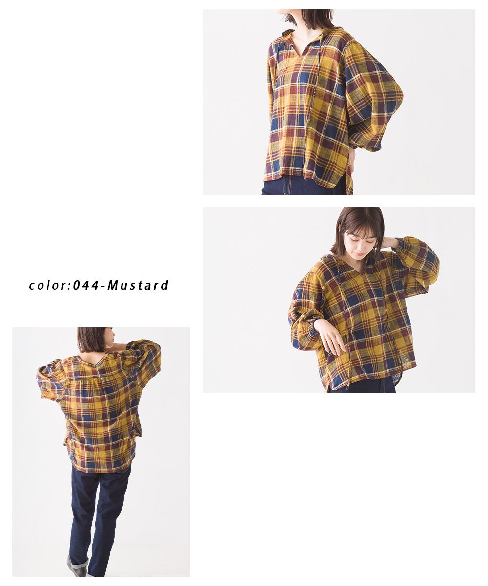 日本 OMNES - 純棉知性格紋澎澎袖上衣-黃綠紅