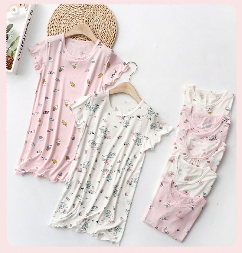 莫代爾涼感女寶連身睡裙/家居服-萌萌小兔-粉色