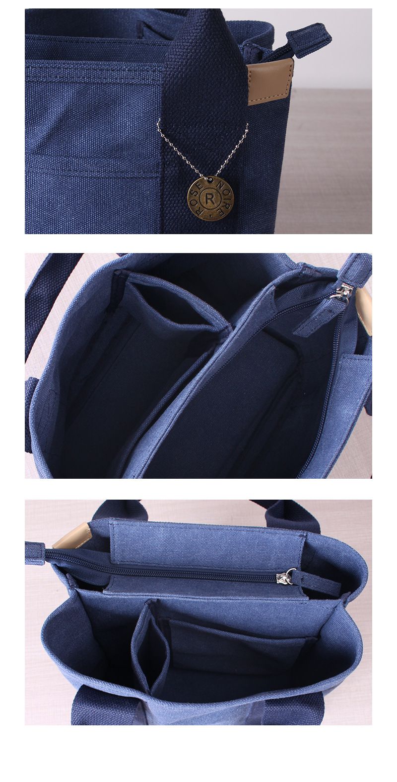 加厚大容量帆布手提包/便當袋-拉鍊款-深藍色 (21x15x23cm)