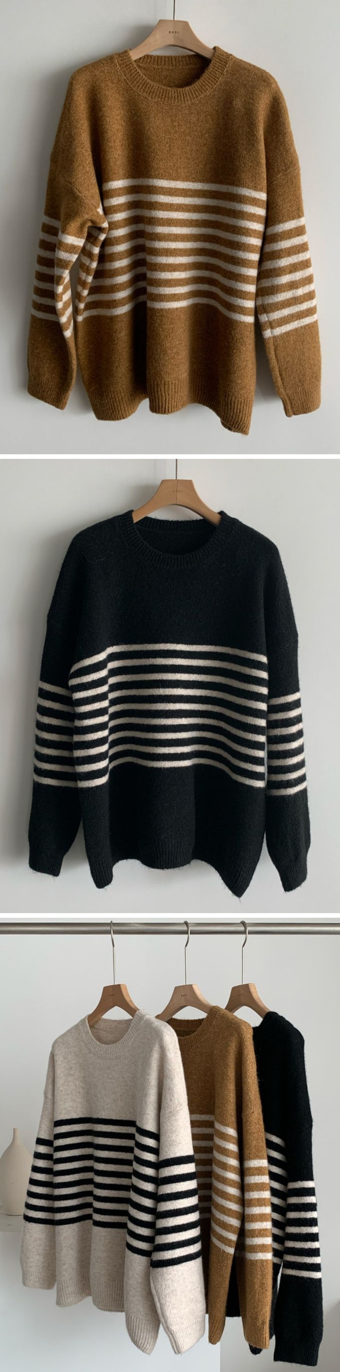 韓國女裝連線 - 條紋點綴寬鬆版型針織上衣-燕麥杏 (FREE)