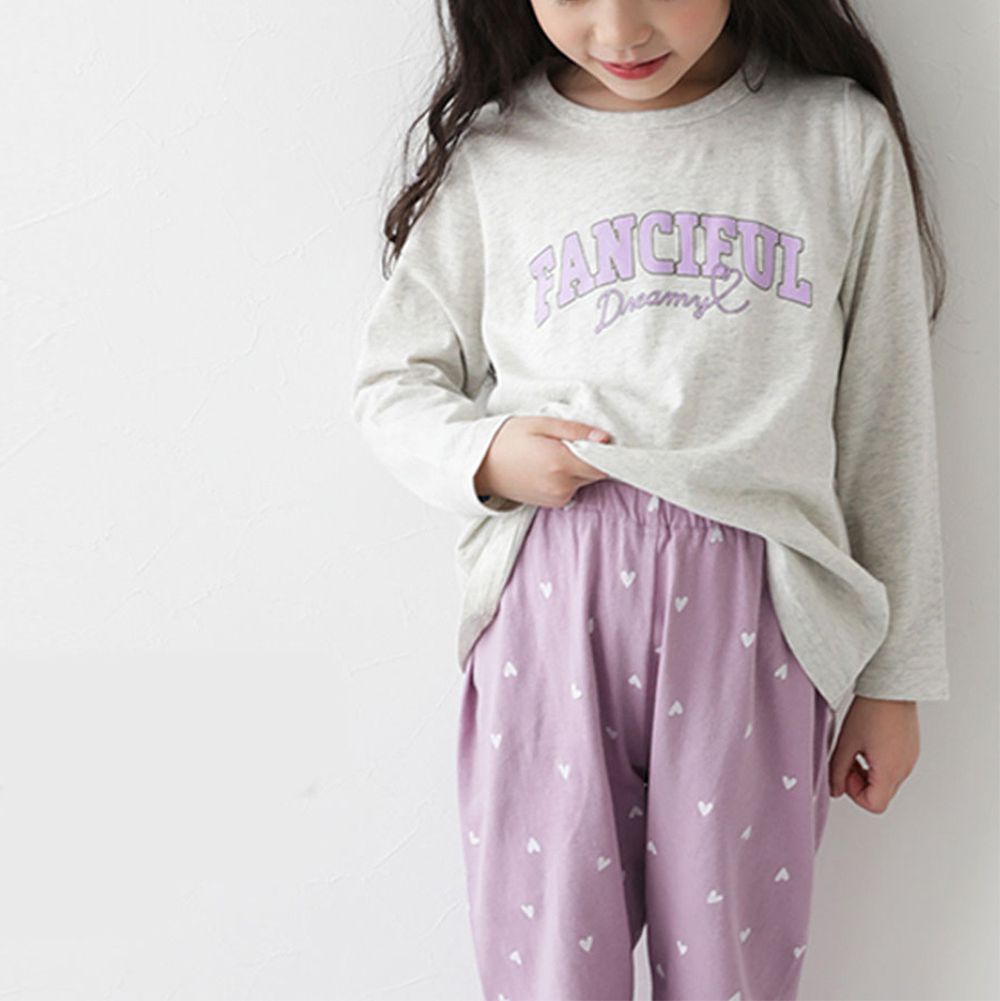100%棉 高腰長袖家居服套裝(女孩款)-英文愛心-淺灰x桃粉