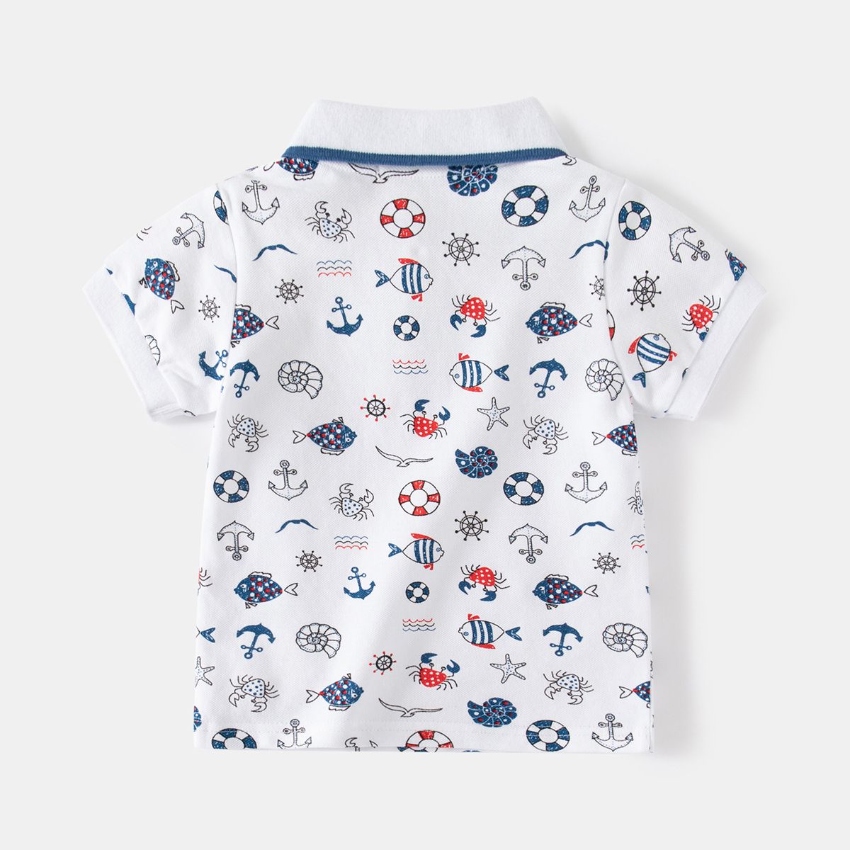 WELLKIDS - 純棉休閒翻領短袖襯衫-帆船+燈塔-白色