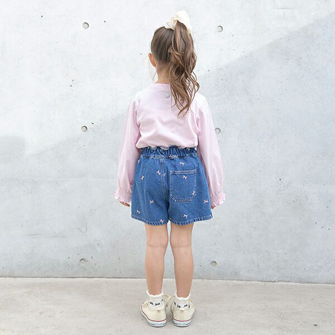 日本 Lycee mine - 甜美刺繡純棉丹寧風褲裙-蝴蝶結-中青