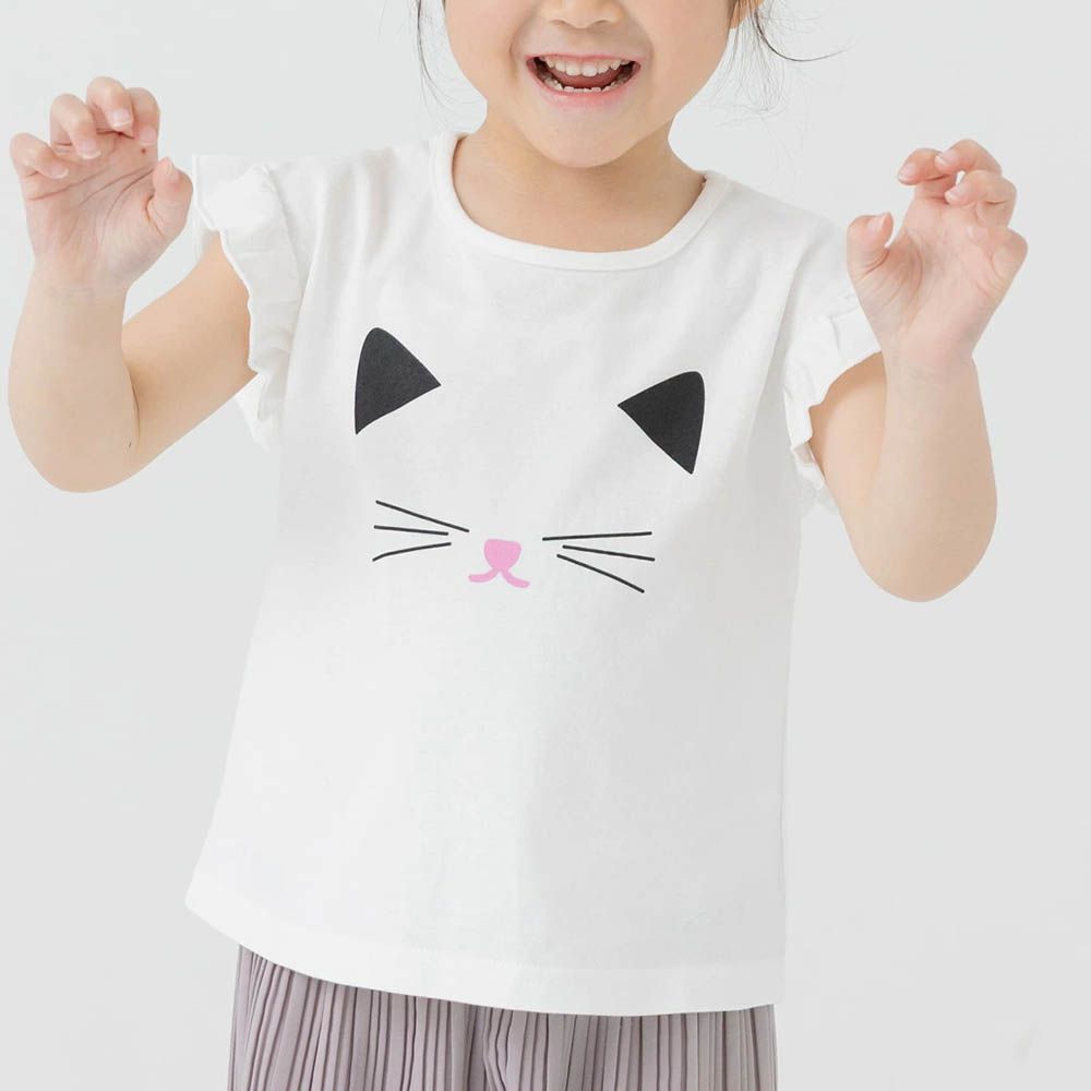 100%棉 荷葉邊女孩印花短袖上衣-大臉貓貓-白