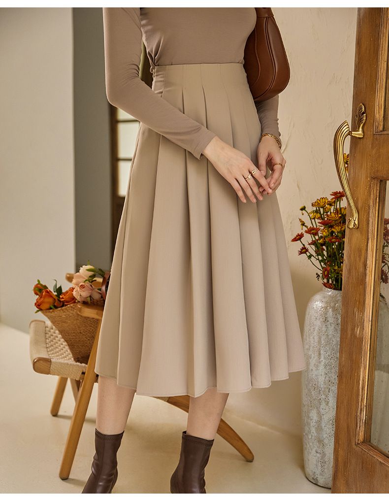 百褶高腰半身裙-杏色