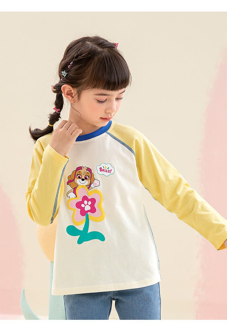 卡通汪汪隊棉質拼色圓領長袖上衣-卡通人物小礫-黃+白