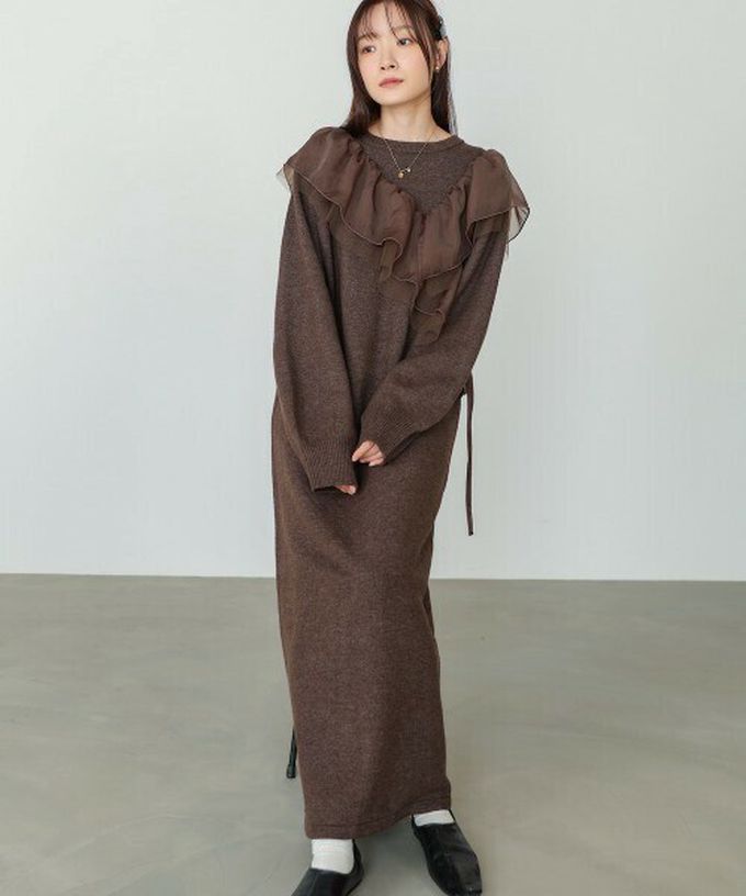 日本 Bab - 交叉薄紗荷葉柔美針織長袖洋裝-黑