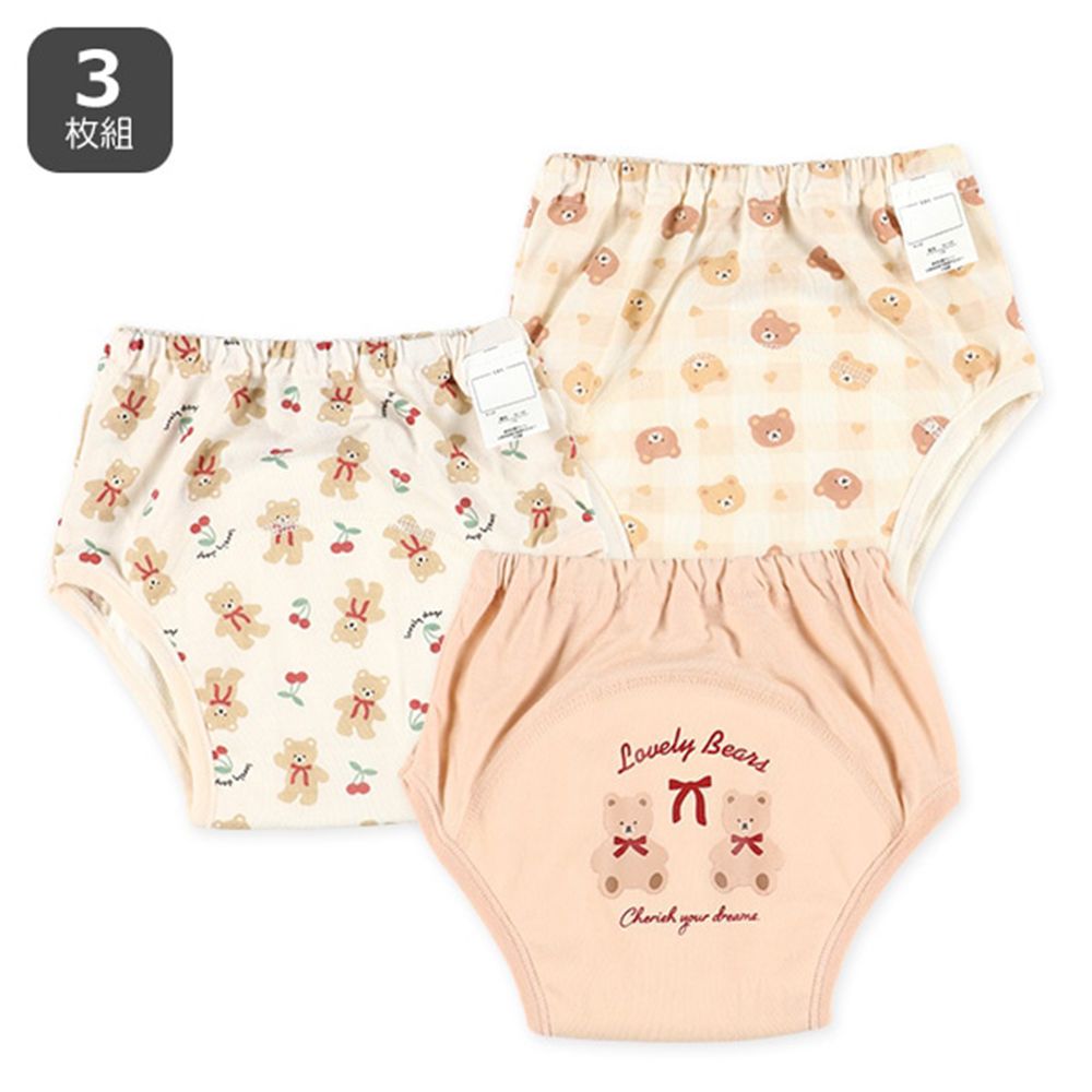 三層密縫式學習褲(3件組)-可愛泰迪熊-卡其杏