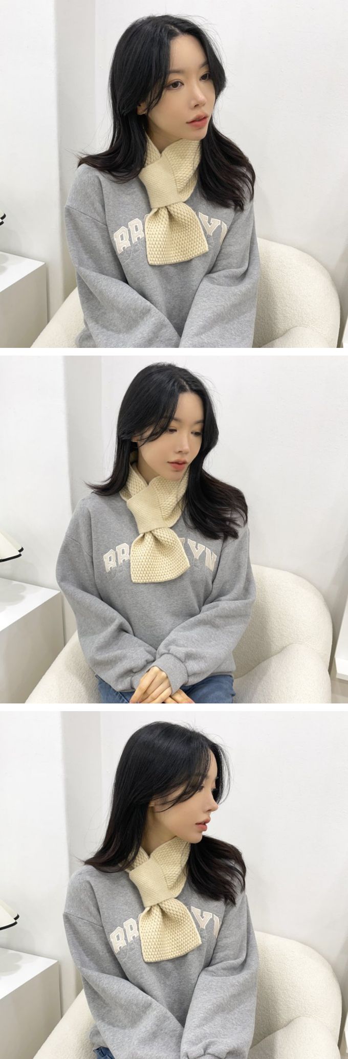 韓國 MAY - 素雅鬆餅紋穿洞式圍巾-黑