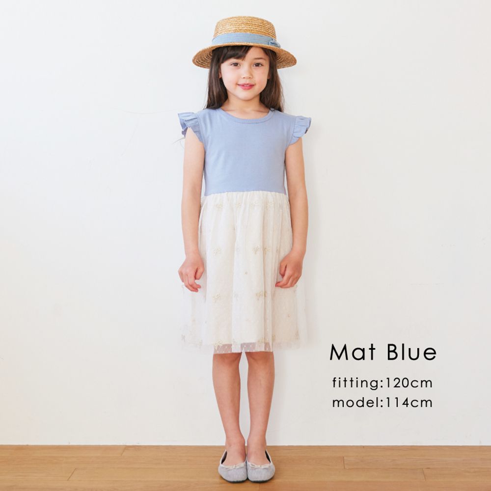 日本 evercloset - 荷葉袖蝴蝶結蕾絲刺繡洋裝-卡其