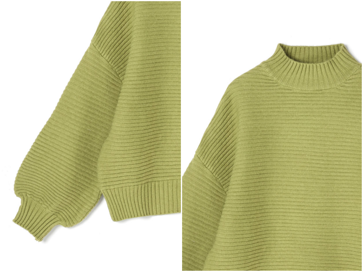 日本 GRL - 橫羅紋半高領泡泡袖針織毛衣-蘋果綠