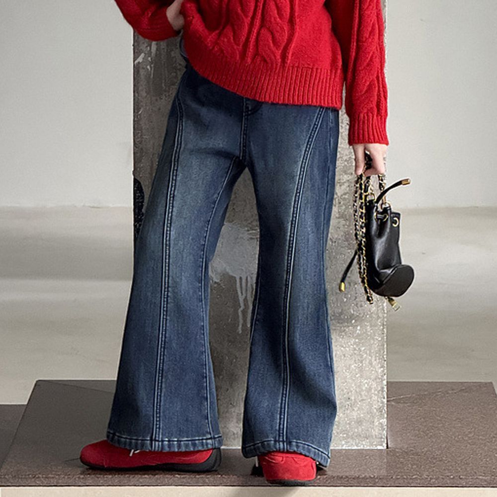 腰鬆緊加絨保暖牛仔喇叭褲-藍色