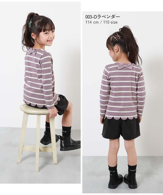 日本 devirock - 可愛扇形蝴蝶結條紋長袖上衣-丁香紫