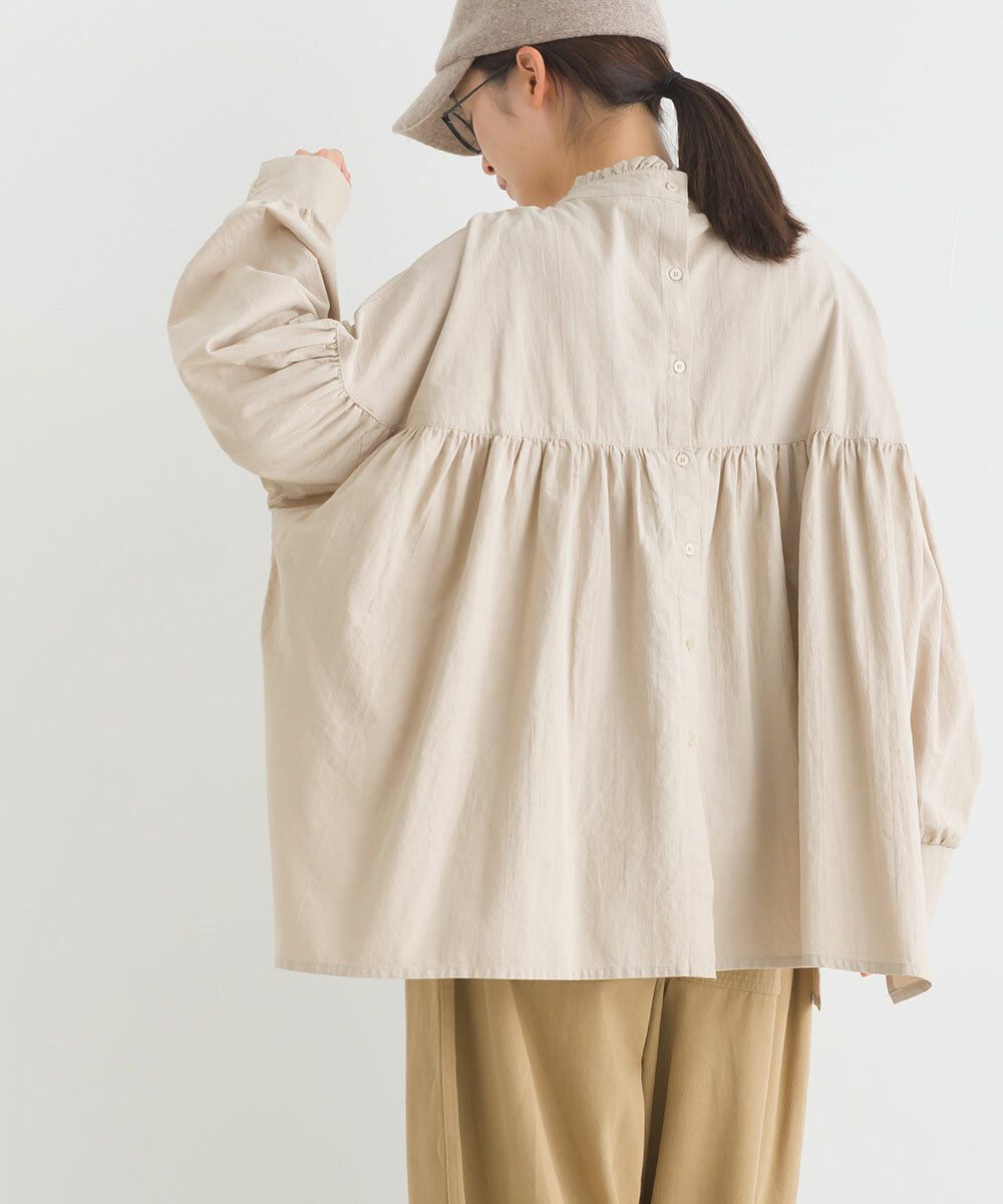 日本女裝代購 - 歐風木耳領2WAY泡泡袖上衣-淺卡其