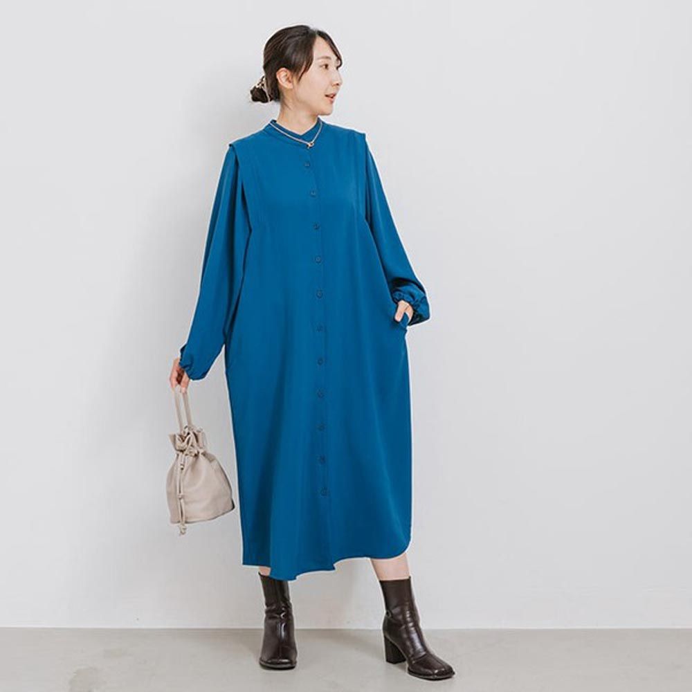 日本 ihuu - 不易皺優雅襯衫式長袖洋裝-寶石藍