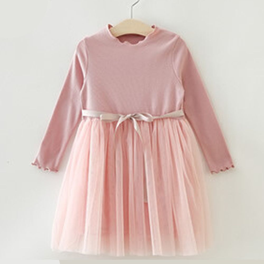 日本 Maison de Ravi - 羅紋薄紗拼接長袖洋裝-櫻花粉