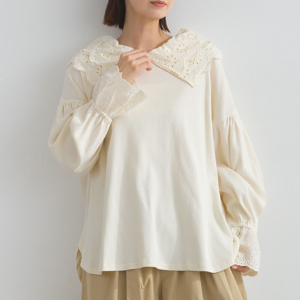 精緻蕾絲領落肩喇叭袖上衣-米杏