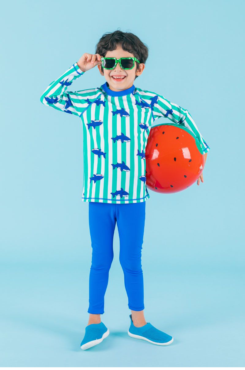 韓國 OZKIZ - 抗UV防曬兒童泳裝-三件組-條紋鯊魚