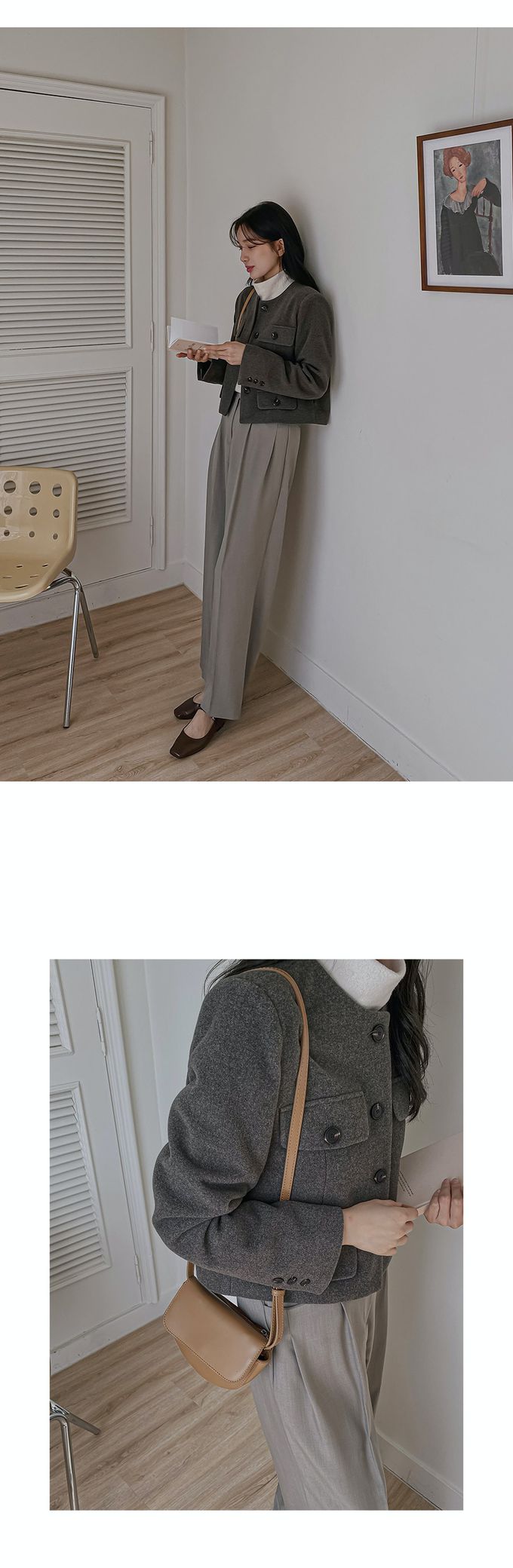 韓國 Urbantheroom - 高質感排釦無領短版夾克-卡其灰 (Free)