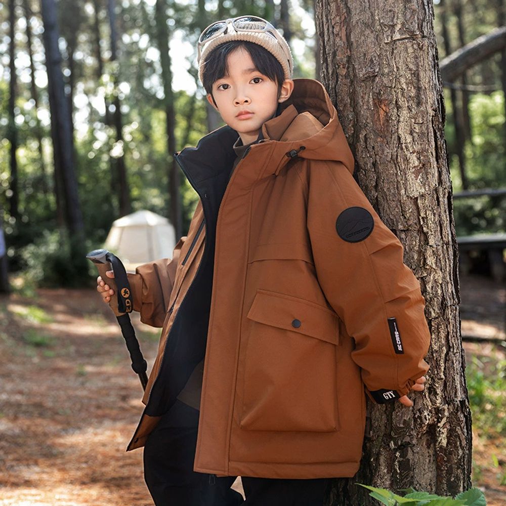 防水/防污/防風90%羽絨中長版連帽外套-橘棕