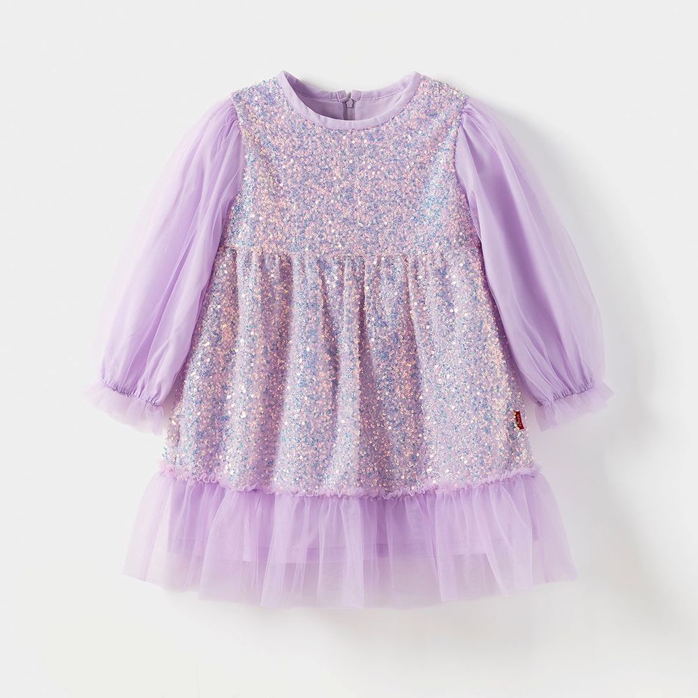 耀眼星光亮片網紗長袖公主洋裝-紫
