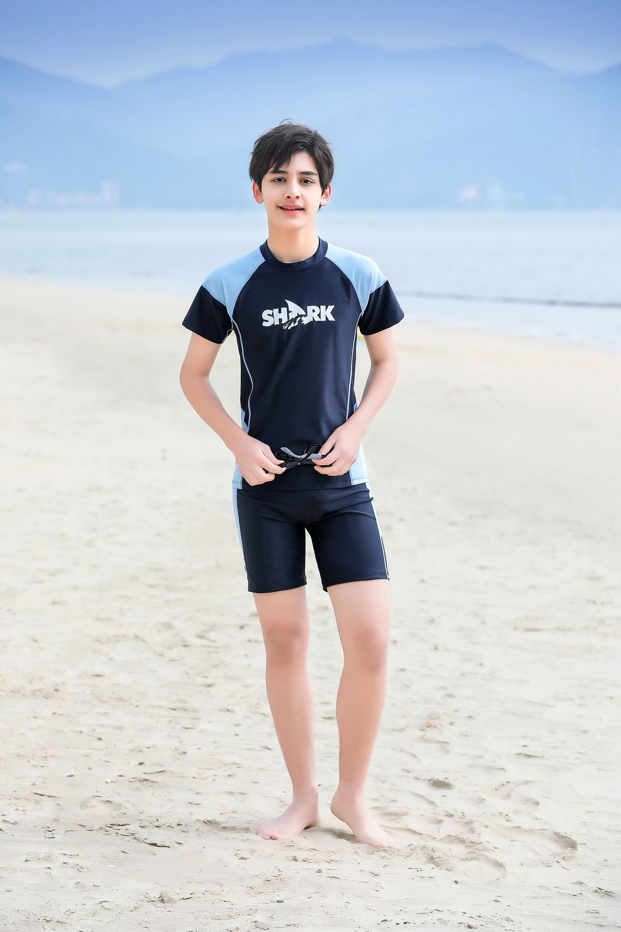 大童男孩短袖泳衣套裝(二件組)-SHARK-黑色-泳衣、泳褲