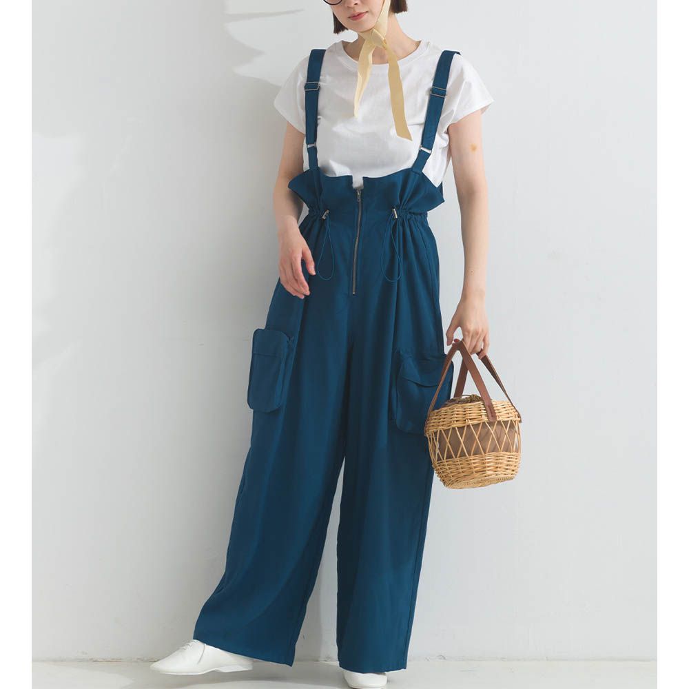 柔軟可愛抽繩束腰工裝風吊帶褲-海軍藍