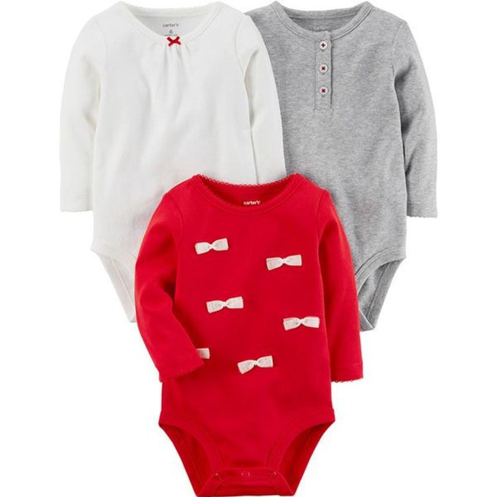 美國 Carter's - 嬰幼兒長袖包屁衣三件組-紅白蝴蝶結