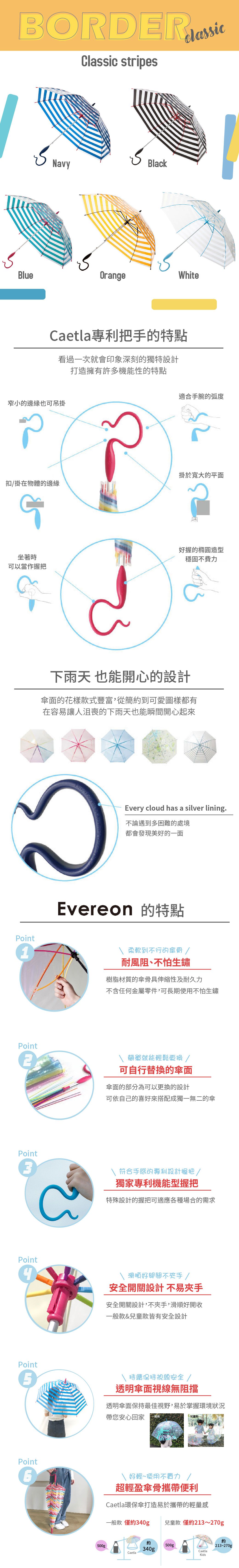 日本Caetla - Evereon可替換式環保輕量傘-時尚條紋-軍藍