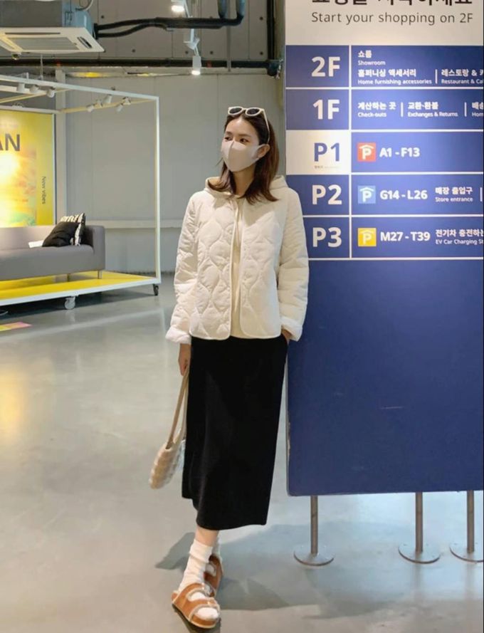 韓國 LANDING - 韓國製絎縫壓紋鋪棉圓領外套-象牙白 (FREE)