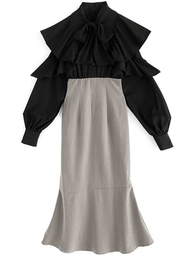 日本 GRL - 雜誌掲載 荷葉層次拼接高腰魚尾洋裝-黑x灰