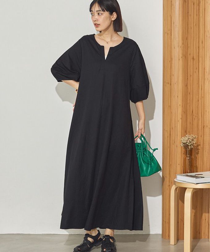 日本 Sans Souci 34+ - 接觸涼感 顯瘦A字鑰匙領五分袖洋裝-淺灰