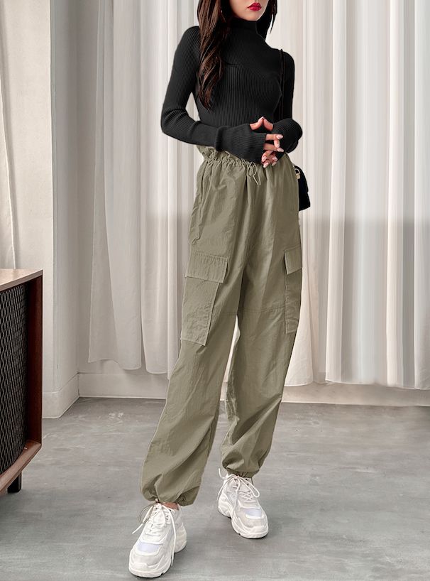 日本 GRL - 美式休閒抽繩束口褲-軍綠 (F)