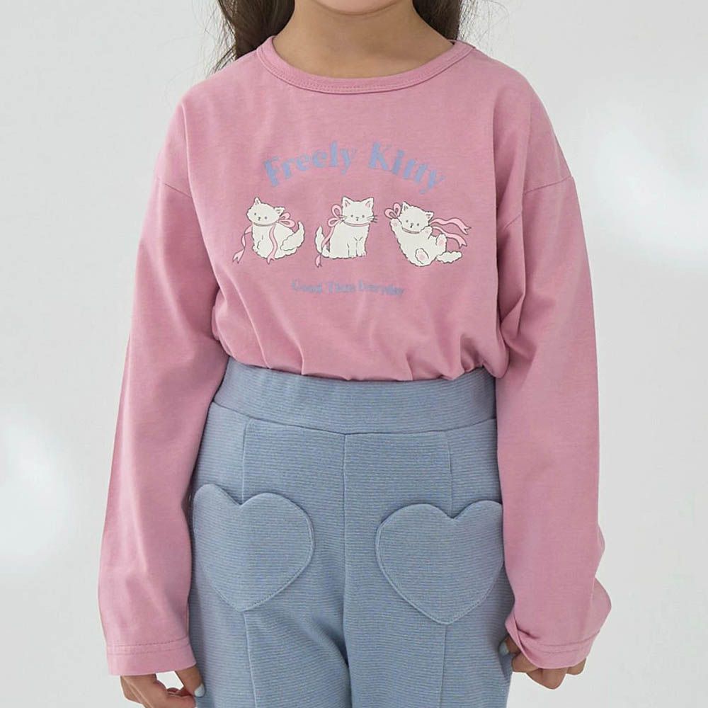 100%棉 可愛少女印花長袖上衣-優雅貓貓-蜜桃粉